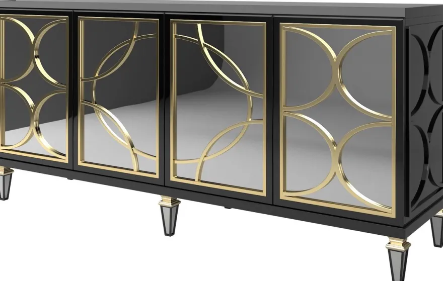 Casa Padrino Luxus Barock Sideboard Schwarz / Gold 220 x 55 x H. 105 cm - Prunkvoller Schrank mit 4 verspiegelten Türen - Barock Möbel