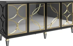 Casa Padrino Luxus Barock Sideboard Schwarz / Gold 220 x 55 x H. 105 cm - Prunkvoller Schrank mit 4 verspiegelten Türen - Barock Möbel