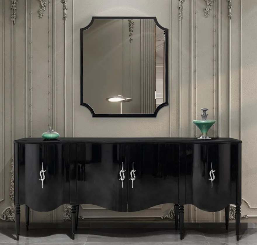 Casa Padrino Luxus Barock Sideboard mit Wandspiegel Schwarz / Silber - Barock Möbel