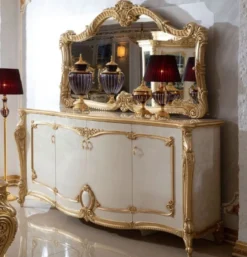 Casa Padrino Luxus Barock Sideboard mit Wandspiegel Weiß / Beige / Gold