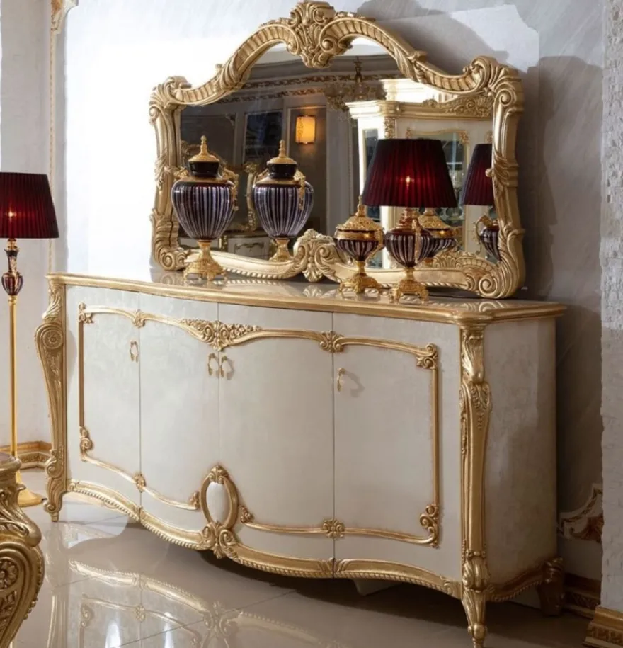 Casa Padrino Luxus Barock Sideboard mit Wandspiegel Weiß / Beige / Gold