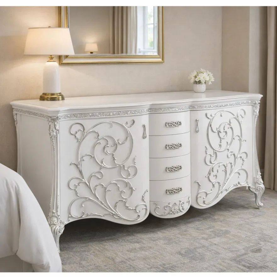 Casa Padrino Luxus Barock Sideboard Weiß / Silber 227 cm - Barock Möbel - Made in Italy