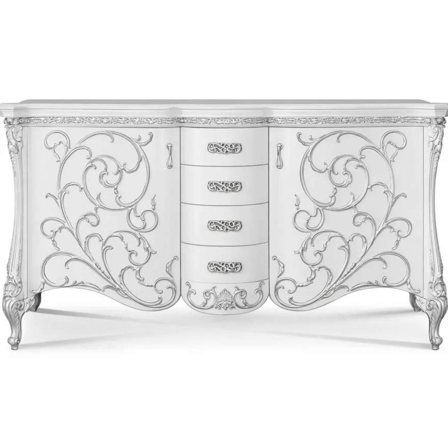 Casa Padrino Luxus Barock Sideboard Weiß / Silber 227 cm - Barock Möbel - Made in Italy