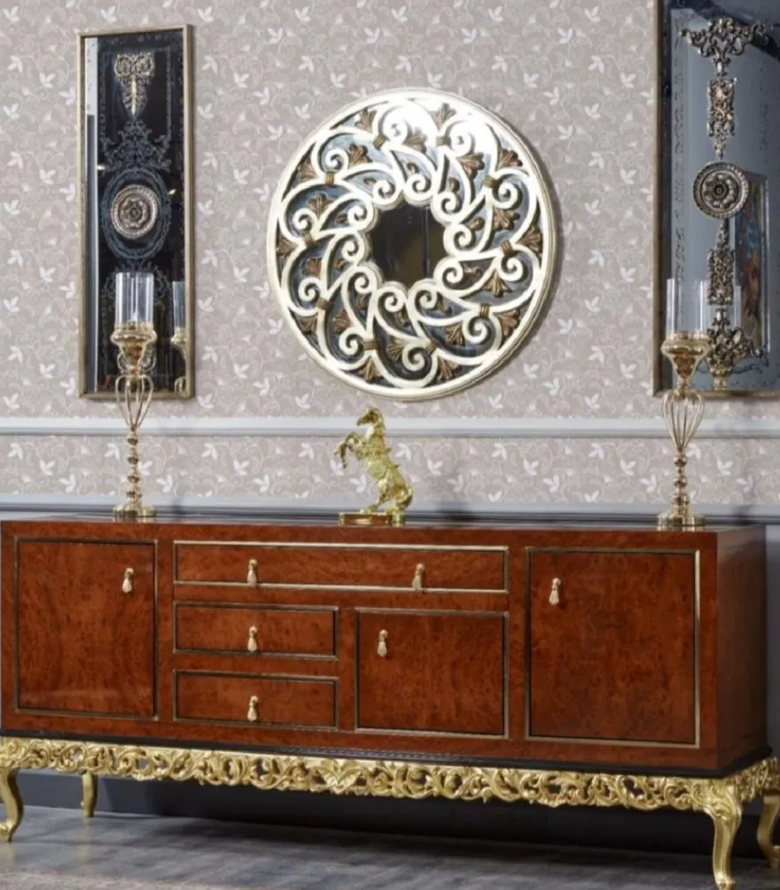 Casa Padrino Luxus Barock Sideboard Braun / Schwarz / Gold - Prunkvoller Massivholz Schrank mit 3 Türen und 3 Schubladen - Luxus Möbel im Barockstil - Barock Möbel - Edel & Prunkvoll