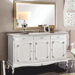 Casa Padrino Luxus Barock Sideboard mit Spiegel Weiß / Silber / Gold - Made in Italy