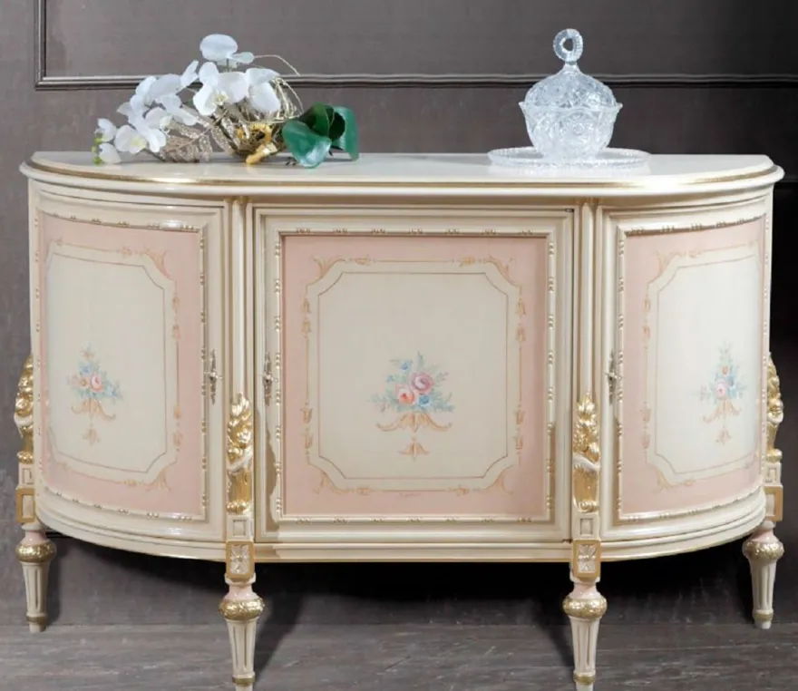 Casa Padrino Luxus Barock Sideboard Cremefarben / Rosa / Mehrfarbig / Gold - Edler Massivholz Schrank mit 3 Türen - Barock Möbel - Luxus Qualität - Made in Italy