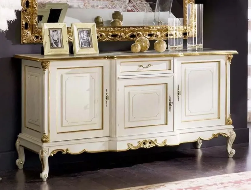 Casa Padrino Luxus Barock Sideboard Weiß / Gold - Handgefertigter Massivholz Schrank mit 3 Türen und Schublade - Luxus Möbel im Barockstil - Luxus Qualität - Made in Italy