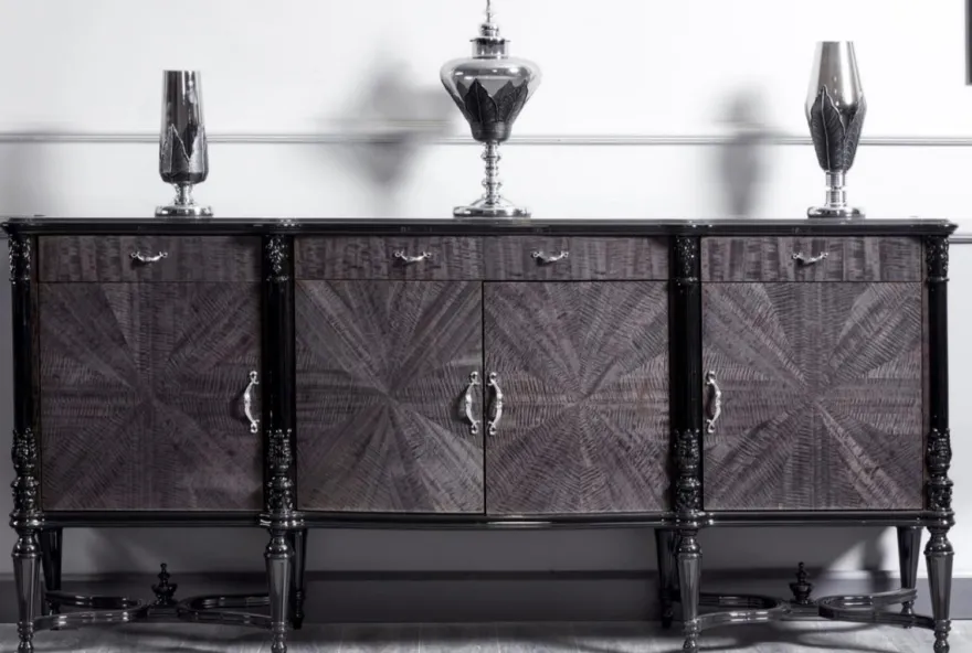 Casa Padrino Luxus Barock Sideboard Grau / Schwarz - Prunkvoller Massivholz Schrank mit 4 Türen und 3 Schubladen - Luxus Möbel im Barockstil - Barock Möbel - Barock Einrichtung - Edel & Prunkvoll