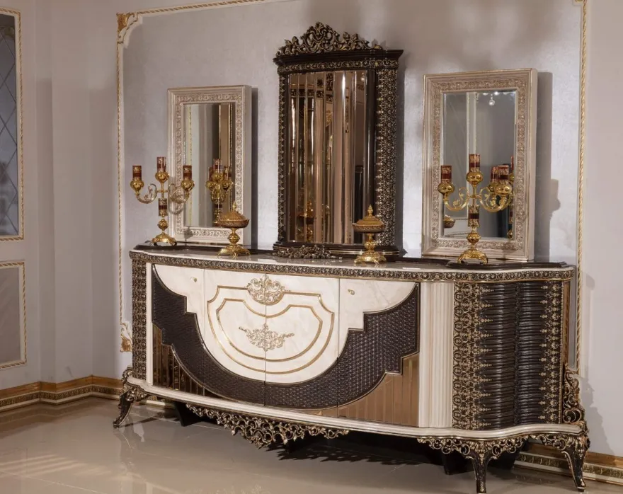 Casa Padrino Luxus Barock Sideboard und 3 Spiegel Creme / Dunkelbraun / Gold