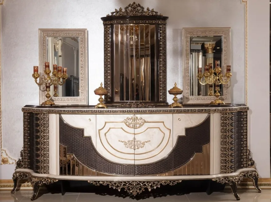 Casa Padrino Luxus Barock Sideboard und 3 Spiegel Creme / Dunkelbraun / Gold