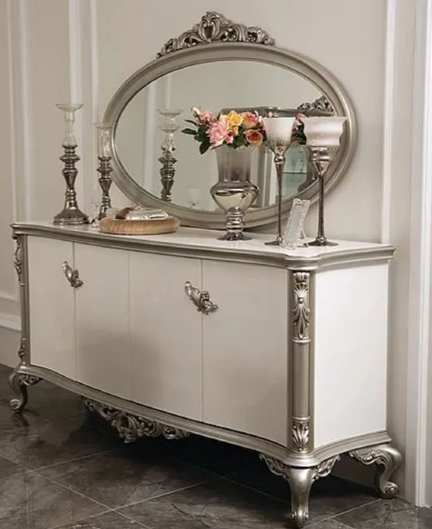 Casa Padrino Luxus Barock Sideboard mit Spiegel Weiß / Silber - Eleganter Massivholz Schrank mit Wandspiegel - Barock Möbel