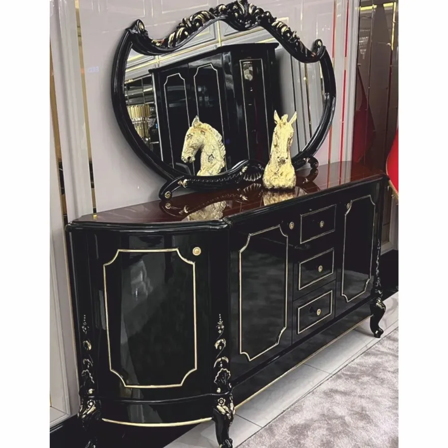 Casa Padrino Luxus Barock Sideboard mit Spiegel Schwarz / Dunkelbraun / Gold - Handgefertigte Barock Möbel