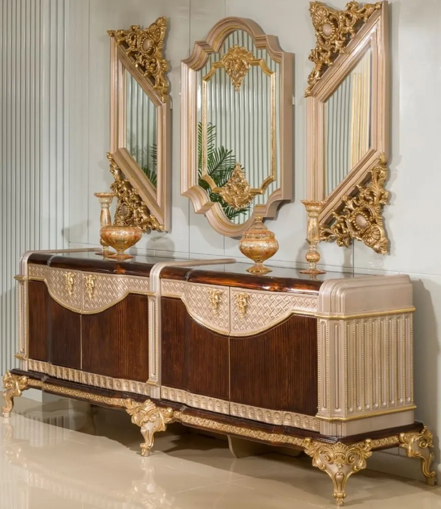 Casa Padrino Luxus Barock Sideboard und 3 Wandspiegel Dunkelbraun / Grau / Gold - Barock Möbel
