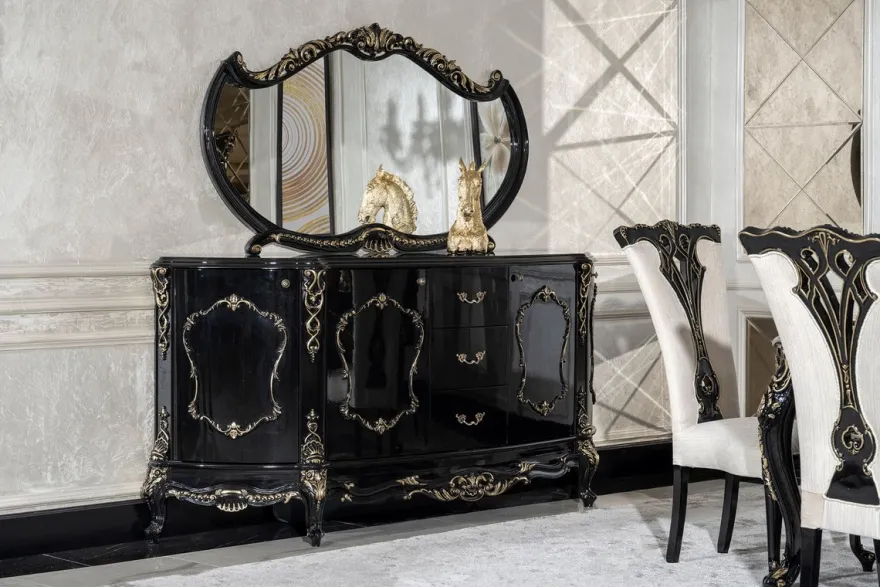 Casa Padrino Luxus Barock Sideboard mit Spiegel Schwarz / Gold - Luxus Möbel Möbel im Barockstil - Barock Möbel - Barock Einrichtung - Edel & Prunkvoll