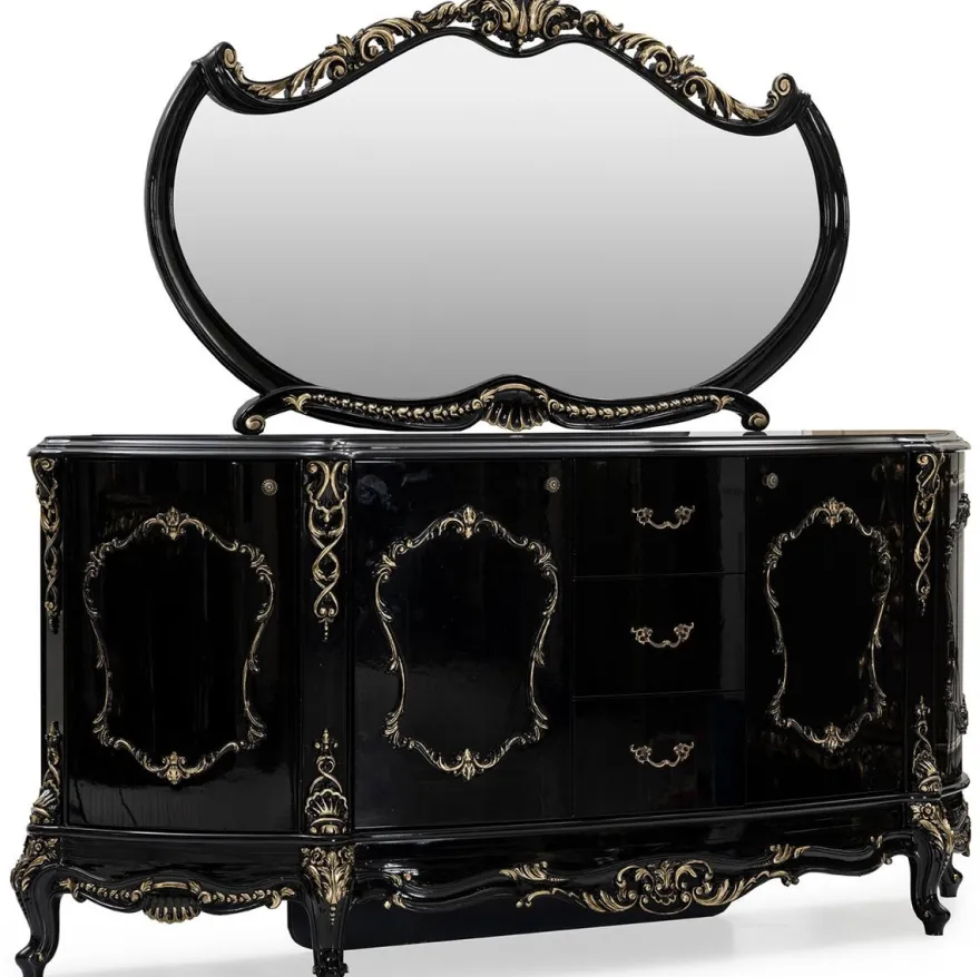 Casa Padrino Luxus Barock Sideboard mit Spiegel Schwarz / Gold - Luxus Möbel Möbel im Barockstil - Barock Möbel - Barock Einrichtung - Edel & Prunkvoll