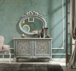 Casa Padrino Luxus Barock Sideboard Grau / Braun / Creme - Handgefertigter Massivholz Schrank mit 2 Türen - Barock Möbel - Luxus Möbel Möbel im Barockstil - Luxus Qualität - Made in Italy