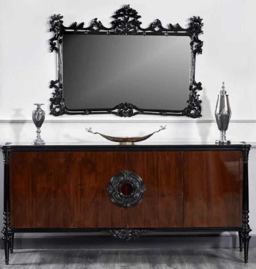 Casa Padrino Luxus Barock Sideboard mit Wandspiegel Schwarz / Dunkelbraun - Barock Möbel