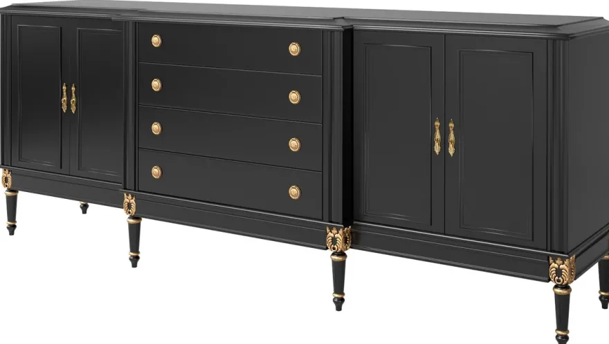 Casa Padrino Luxus Barock Sideboard Schwarz / Antik Gold 235 x 55 x H. 95 cm - Edler Wohnzimmer Schrank mit 4 Türen und 4 Schubladen - Barock Möbel