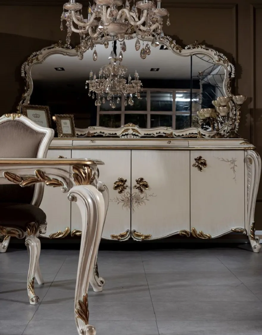 Casa Padrino Luxus Barock Sideboard Cremefarben / Weiß / Gold - Prunkvoller Massivholz Schrank mit 4 Türen und Schublade - Barock Möbel
