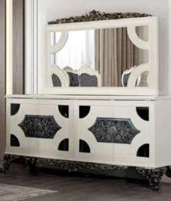 Casa Padrino Luxus Barock Sideboard mit Spiegel Weiß / Blau / Bronze - Luxus Möbel Möbel im Barockstil - Barock Möbel - Barock Einrichtung - Edel & Prunkvoll