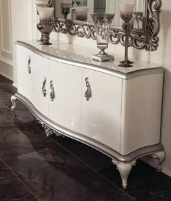 Casa Padrino Luxus Barock Sideboard Weiß / Silber 207 x 54 x H. 90 cm - Edler Massivholz Schrank mit 4 Türen - Möbel im Barockstil