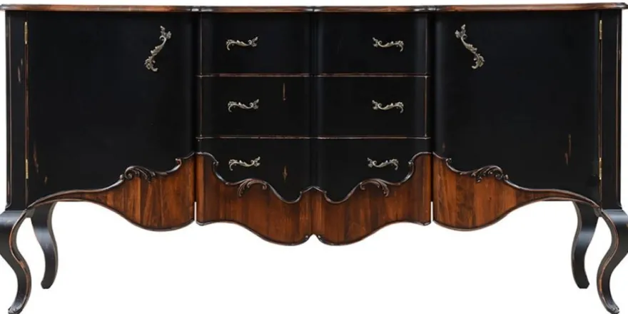 Casa Padrino Luxus Barock Sideboard Antik Schwarz / Braun 200,5 x 53,5 x H. 98 cm - Prunkvoller Massivholz Schrank mit 2 Türen und 3 Schubladen - Luxus Möbel im Barockstil - Barock Möbel