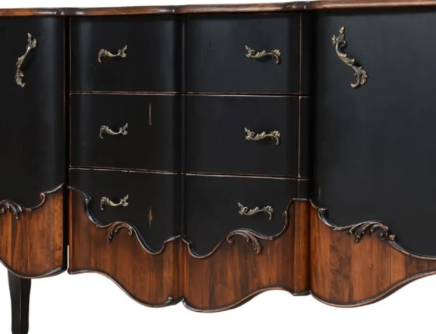 Casa Padrino Luxus Barock Sideboard Antik Schwarz / Braun 200,5 x 53,5 x H. 98 cm - Prunkvoller Massivholz Schrank mit 2 Türen und 3 Schubladen - Luxus Möbel im Barockstil - Barock Möbel