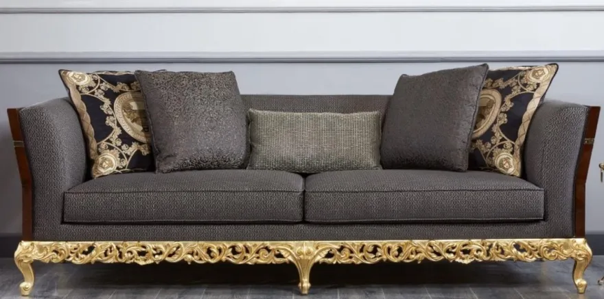 Casa Padrino Luxus Barock Sofa Grau / Dunkelbraun / Gold - Prunkvolles Wohnzimmer Sofa - Barockstil Wohnzimmer Möbel - Luxus Möbel im Barockstil - Barock Einrichtung - Edel & Prunkvoll