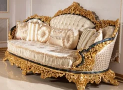 Casa Padrino Luxus Barock Sofa Gold / Mehrfarbig / Blau / Gold - Prunkvolles Wohnzimmer Sofa mit elegantem Muster - Barock Wohnzimmer Möbel - Edel & Prunkvoll