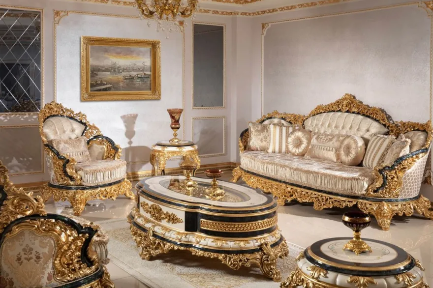 Casa Padrino Luxus Barock Sofa Gold / Mehrfarbig / Blau / Gold - Prunkvolles Wohnzimmer Sofa mit elegantem Muster - Barock Wohnzimmer Möbel - Edel & Prunkvoll