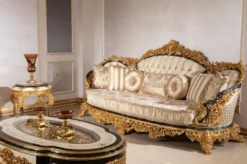 Casa Padrino Luxus Barock Sofa Gold / Mehrfarbig / Blau / Gold - Prunkvolles Wohnzimmer Sofa mit elegantem Muster - Barock Wohnzimmer Möbel - Edel & Prunkvoll