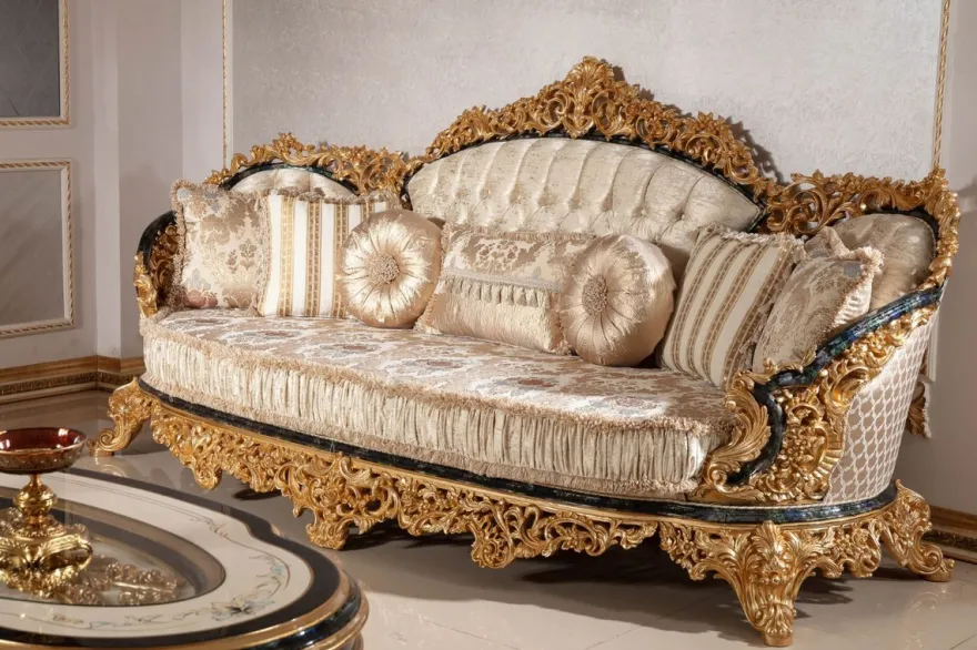 Casa Padrino Luxus Barock Sofa Gold / Mehrfarbig / Blau / Gold - Prunkvolles Wohnzimmer Sofa mit elegantem Muster - Barock Wohnzimmer Möbel - Edel & Prunkvoll