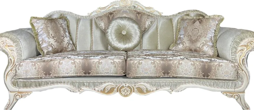 Casa Padrino Luxus Barock Sofa Grün / Weiß / Gold - Prunkvolles Wohnzimmer Sofa mit elegantem Muster - Barock Wohnzimmer Möbel