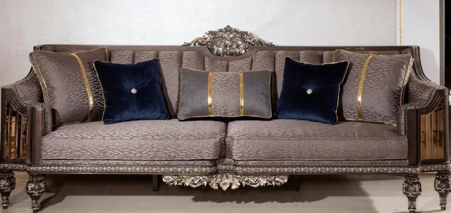 Casa Padrino Luxus Barock Sofa Grau / Dunkelbraun / Gold - Prunkvolles Wohnzimmer Sofa mit elegantem Muster - Barock Wohnzimmer & Hotel Möbel - Edel & Prunkvoll