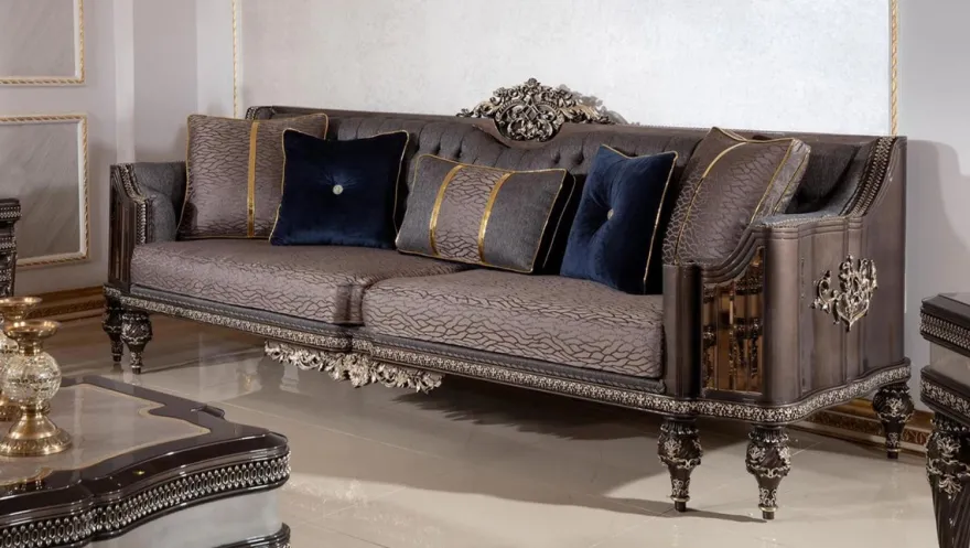 Casa Padrino Luxus Barock Sofa Grau / Dunkelbraun / Gold - Prunkvolles Wohnzimmer Sofa mit elegantem Muster - Barock Wohnzimmer & Hotel Möbel - Edel & Prunkvoll