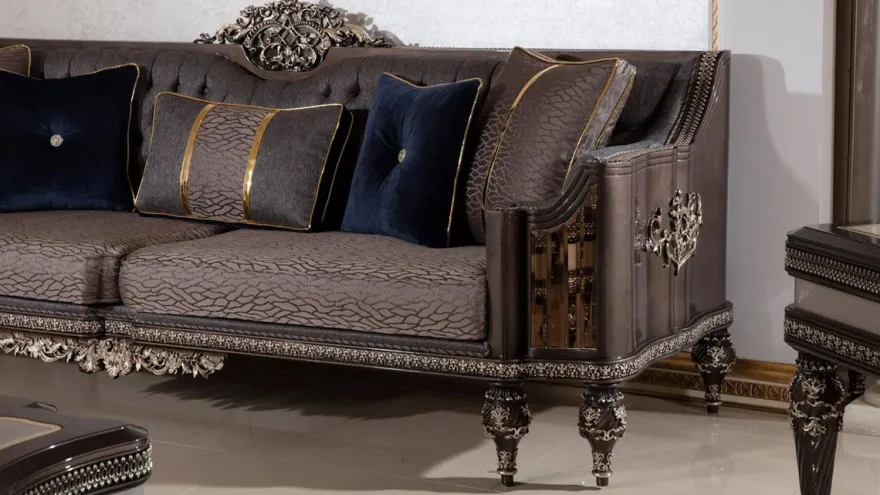 Casa Padrino Luxus Barock Sofa Grau / Dunkelbraun / Gold - Prunkvolles Wohnzimmer Sofa mit elegantem Muster - Barock Wohnzimmer & Hotel Möbel - Edel & Prunkvoll