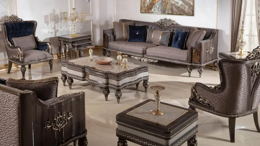 Casa Padrino Luxus Barock Sofa Grau / Dunkelbraun / Gold - Prunkvolles Wohnzimmer Sofa mit elegantem Muster - Barock Wohnzimmer & Hotel Möbel - Edel & Prunkvoll
