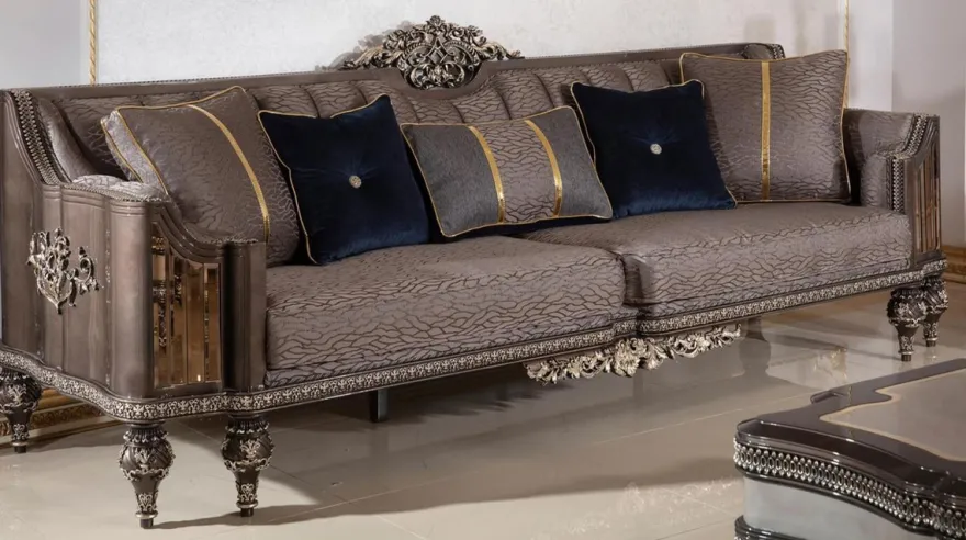 Casa Padrino Luxus Barock Sofa Grau / Dunkelbraun / Gold - Prunkvolles Wohnzimmer Sofa mit elegantem Muster - Barock Wohnzimmer & Hotel Möbel - Edel & Prunkvoll