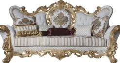 Casa Padrino Luxus Barock Sofa Weiß / Gold 248 x 108 x H. 122 cm - Wohnzimmer Sofa mit elegantem Muster und dekorativen Kissen - Prunkvolle Barock Möbel
