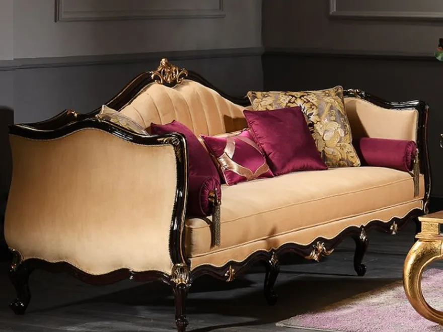 Casa Padrino Luxus Barock Sofa Beige / Schwarz / Gold 250 x 110 x H. 90 cm - Prunkvolles Wohnzimmer Sofa - Barockmöbel