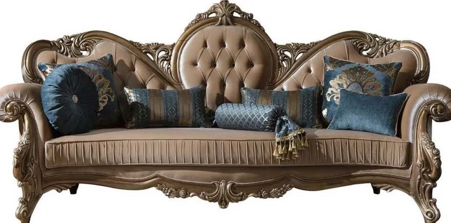 Casa Padrino Luxus Barock Sofa Braun / Gold 260 x 90 x H. 125 cm - Prunkvolles Wohnzimmer Sofa mit dekorativen Kissen - Barock Möbel