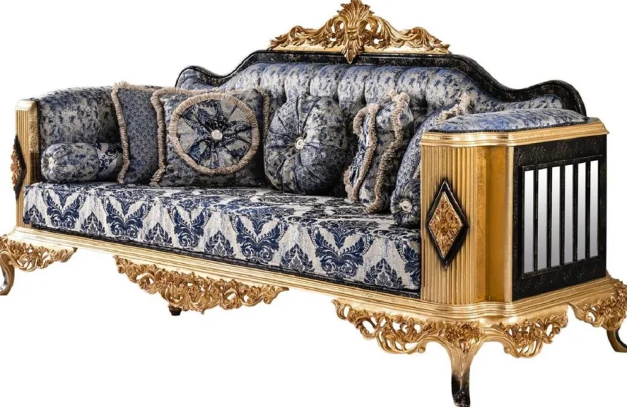 Casa Padrino Luxus Barock Sofa Blau / Schwarz / Gold - Prunkvolles Wohnzimmer Sofa - Barockstil Wohnzimmer Möbel - Luxus Möbel im Barockstil - Barock Wohnzimmer Einrichtung