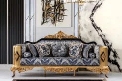 Casa Padrino Luxus Barock Sofa Blau / Schwarz / Gold - Prunkvolles Wohnzimmer Sofa - Barockstil Wohnzimmer Möbel - Luxus Möbel im Barockstil - Barock Wohnzimmer Einrichtung