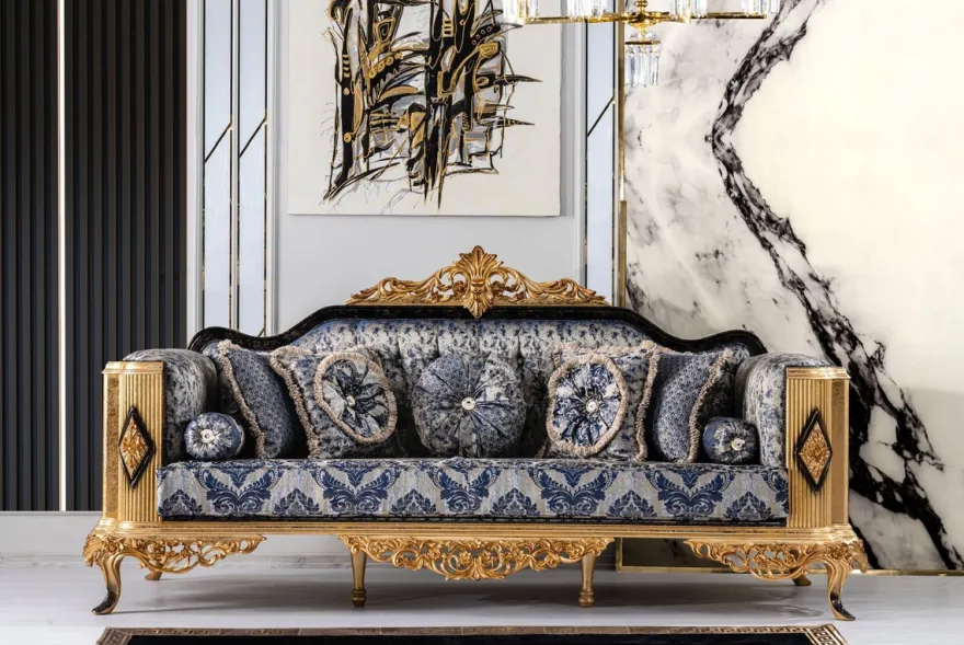 Casa Padrino Luxus Barock Sofa Blau / Schwarz / Gold - Prunkvolles Wohnzimmer Sofa - Barockstil Wohnzimmer Möbel - Luxus Möbel im Barockstil - Barock Wohnzimmer Einrichtung