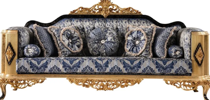 Casa Padrino Luxus Barock Sofa Blau / Schwarz / Gold - Prunkvolles Wohnzimmer Sofa - Barockstil Wohnzimmer Möbel - Luxus Möbel im Barockstil - Barock Wohnzimmer Einrichtung