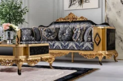 Casa Padrino Luxus Barock Sofa Blau / Schwarz / Gold - Prunkvolles Wohnzimmer Sofa - Barockstil Wohnzimmer Möbel - Luxus Möbel im Barockstil - Barock Wohnzimmer Einrichtung
