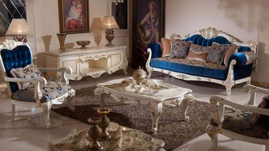 Casa Padrino Luxus Barock Sofa Blau / Braun / Weiß / Gold - Prunkvolles Wohnzimmer Sofa mit elegantem Muster - Barockstil Wohnzimmer Möbel - Luxus Möbel im Barockstil - Barock Einrichtung