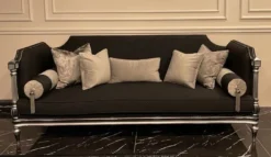 Casa Padrino Luxus Barock Sofa Schwarz / Silber - Handgefertigtes Wohnzimmer Sofa im Barockstil - Barock Wohnzimmer Möbel