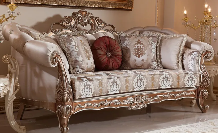 Casa Padrino Luxus Barock Sofa Grau / Kupfer / Silber - Prunkvolles Wohnzimmer Sofa mit elegantem Muster - Barock Wohnzimmer & Hotel Möbel - Edel & Prunkvoll
