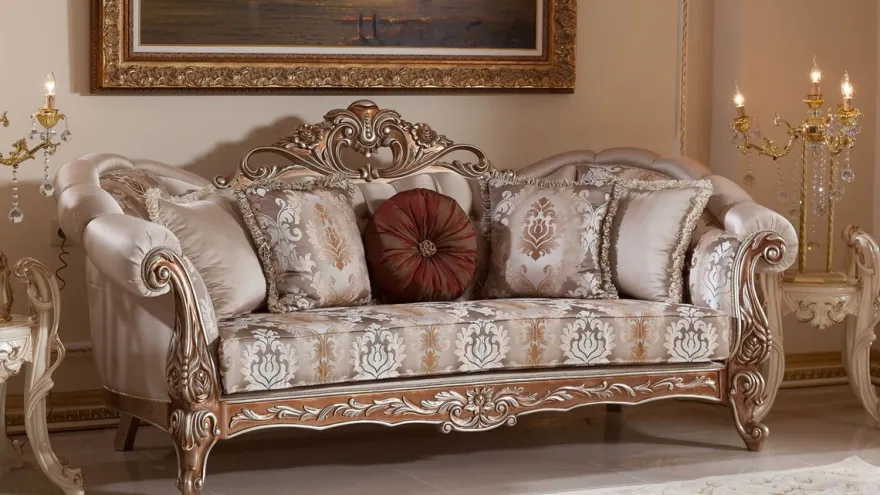 Casa Padrino Luxus Barock Sofa Grau / Kupfer / Silber - Prunkvolles Wohnzimmer Sofa mit elegantem Muster - Barock Wohnzimmer & Hotel Möbel - Edel & Prunkvoll